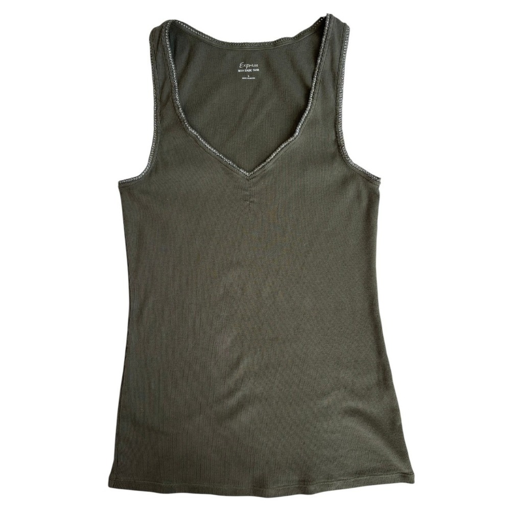 2007 Express Basic V Neck Metallic Trim Green Ribbed Tank Top 100% Cotton Small